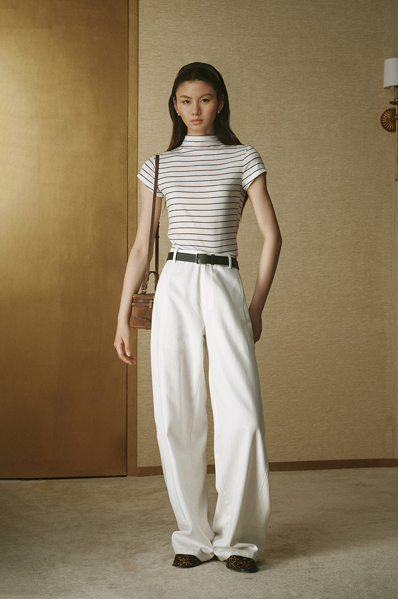 Wool Tencel Mock Tee White Coffee Stripe