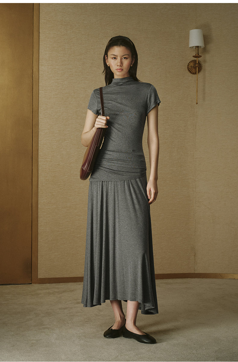 Wool Tencel Mock Tee Mixed Grey