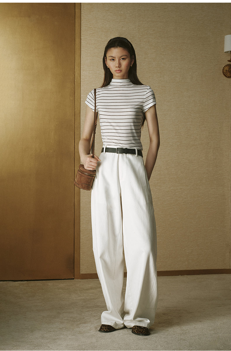 Wool Tencel Mock Tee White Coffee Stripe