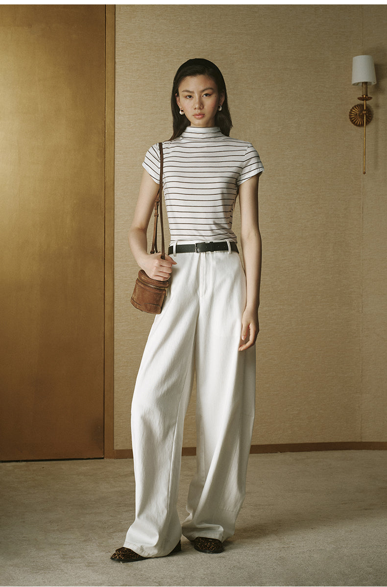 Wool Tencel Mock Tee White Coffee Stripe