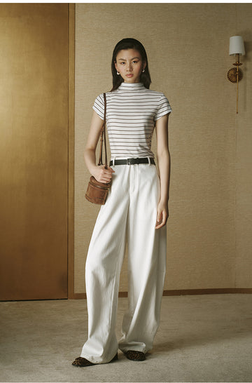 Wool Tencel Mock Tee White Coffee Stripe