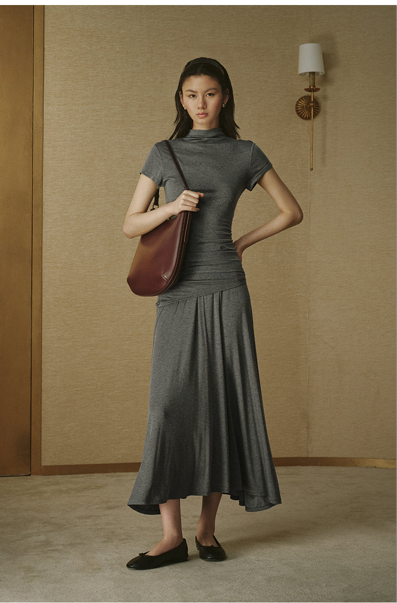 Wool Tencel Mock Tee Mixed Grey
