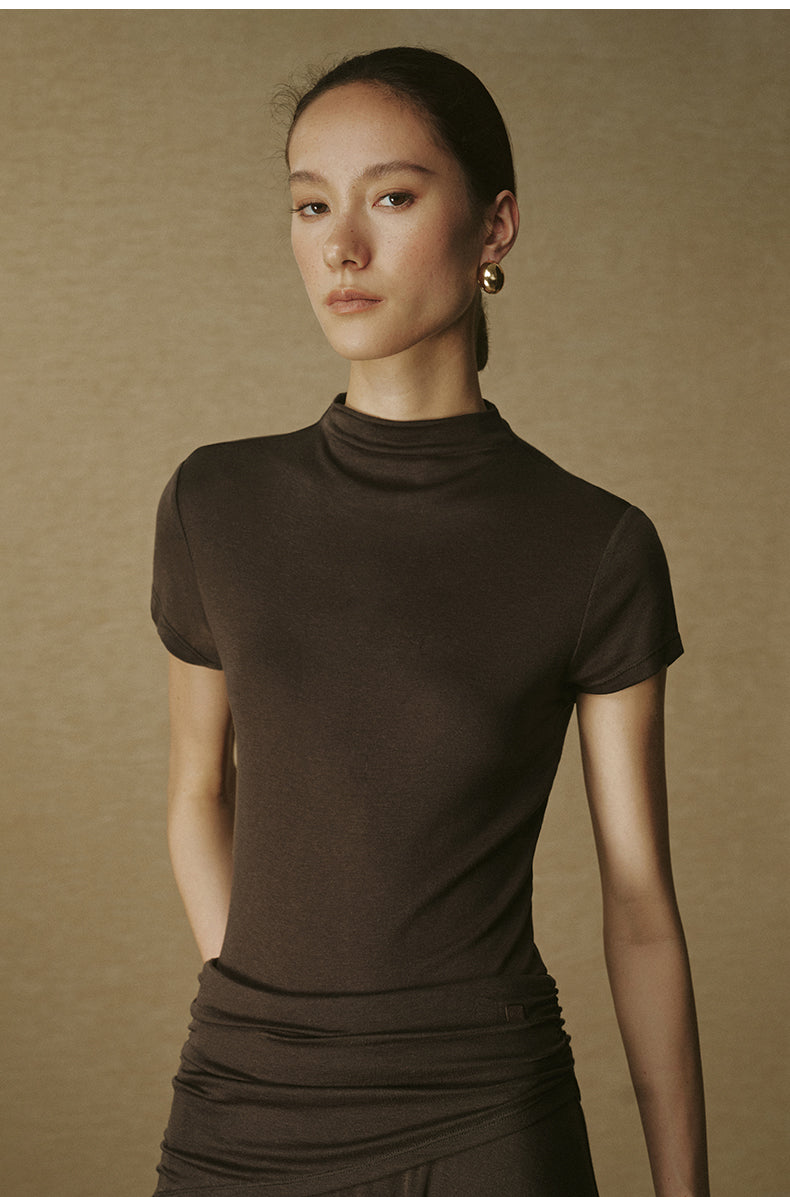 Wool Tencel Mock Tee Deep Coffee