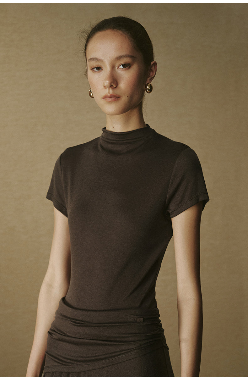 Wool Tencel Mock Tee Deep Coffee