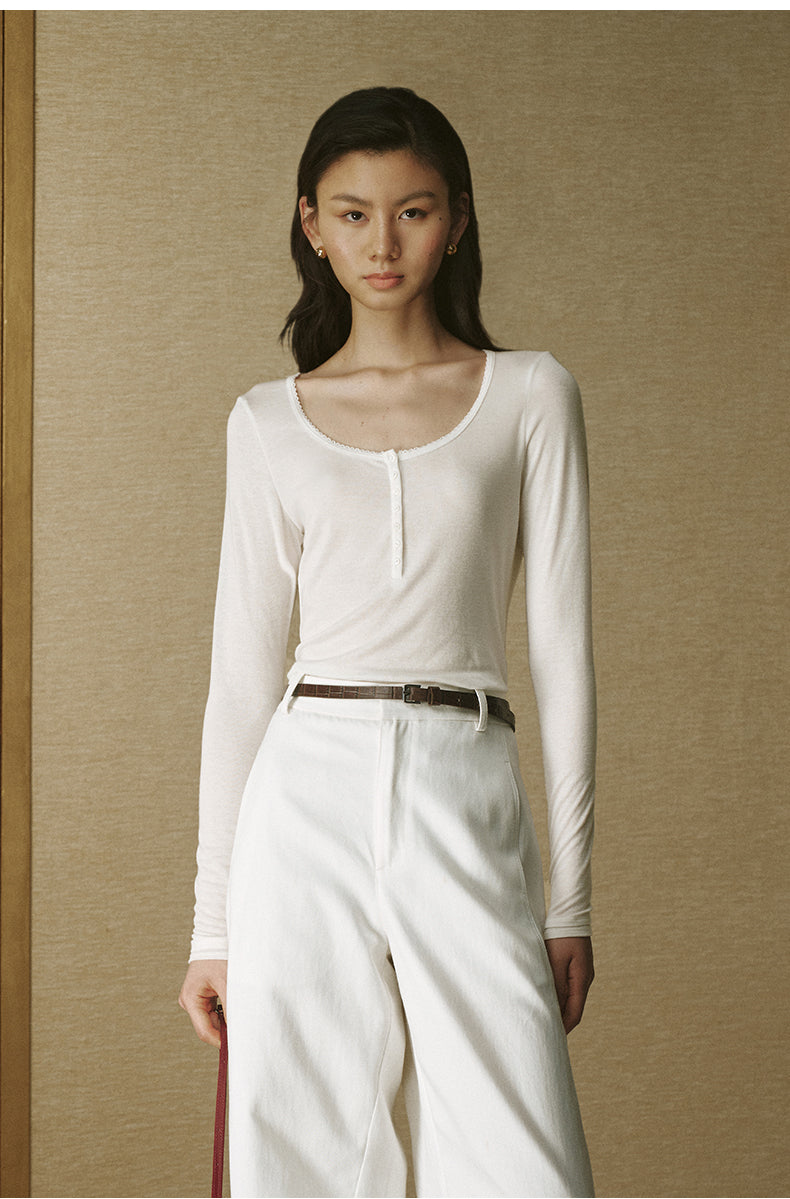 Henley Scoop Neck Tee Ivory White