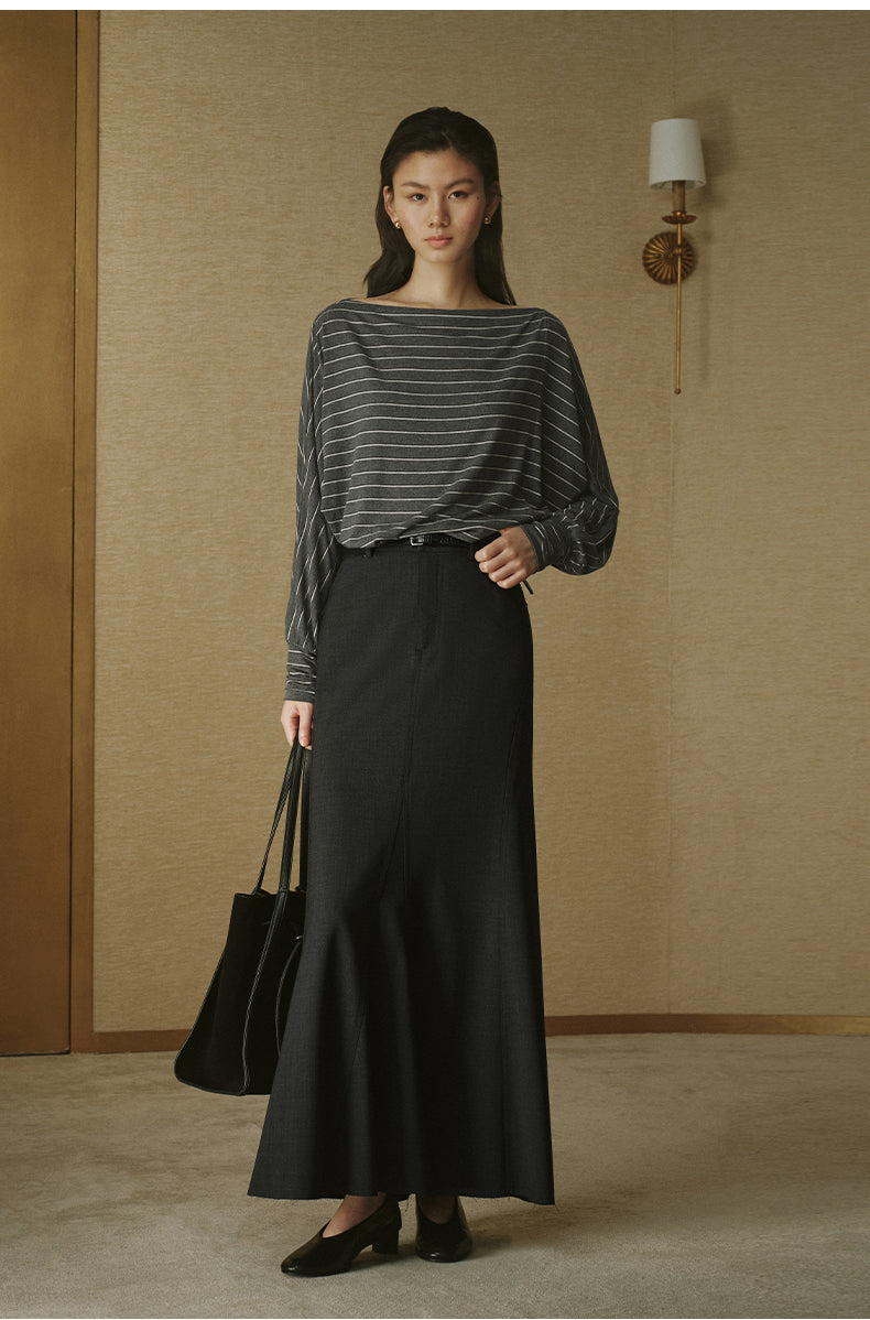 Striped Tencel Wool Relaxed Tee - Grey White Stripe