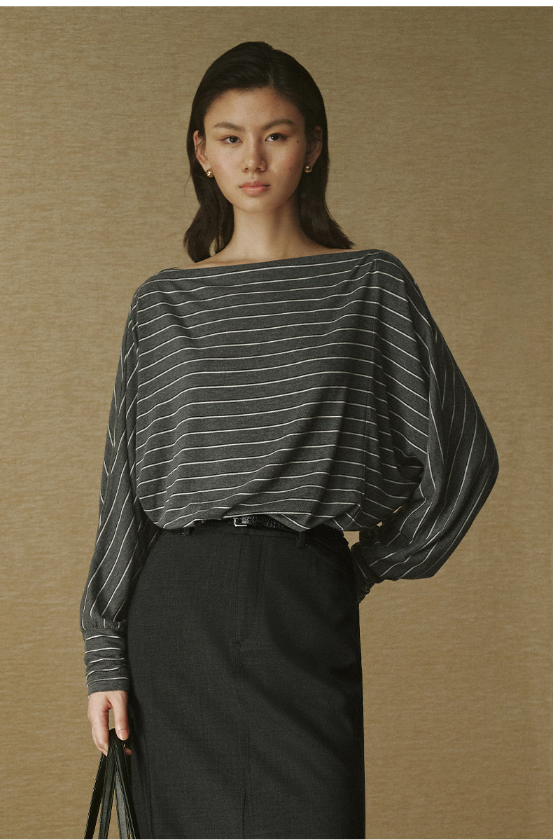 Striped Tencel Wool Relaxed Tee - Grey White Stripe