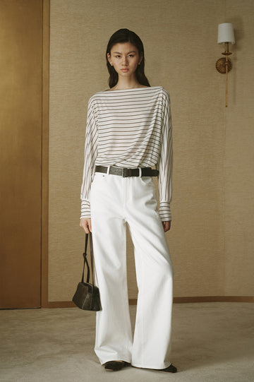 Striped Tencel Wool Relaxed Tee - White Coffee Stripe