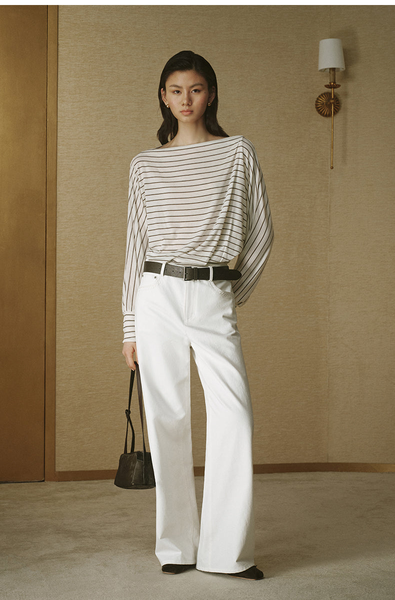 Striped Tencel Wool Relaxed Tee - White Coffee Stripe