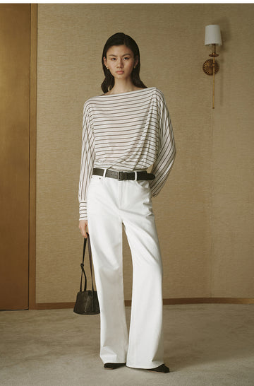 Striped Tencel Wool Relaxed Tee - White Coffee Stripe