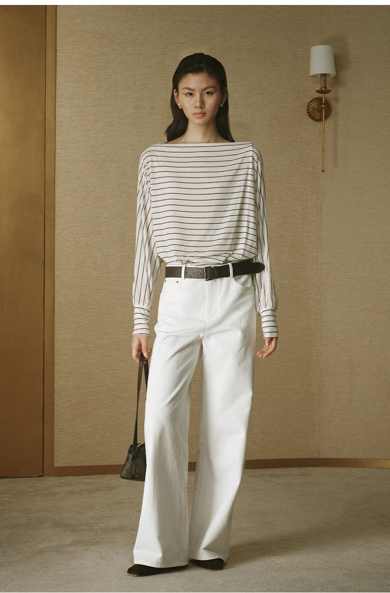 Striped Tencel Wool Relaxed Tee - White Coffee Stripe