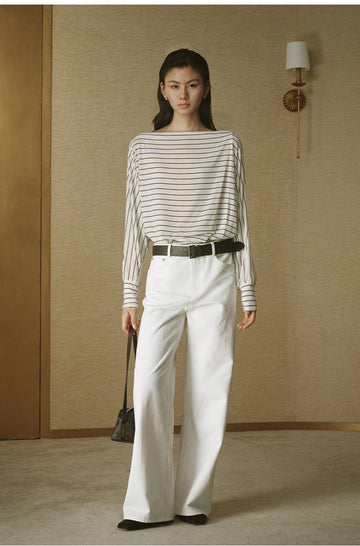 Striped Tencel Wool Relaxed Tee - White Coffee Stripe