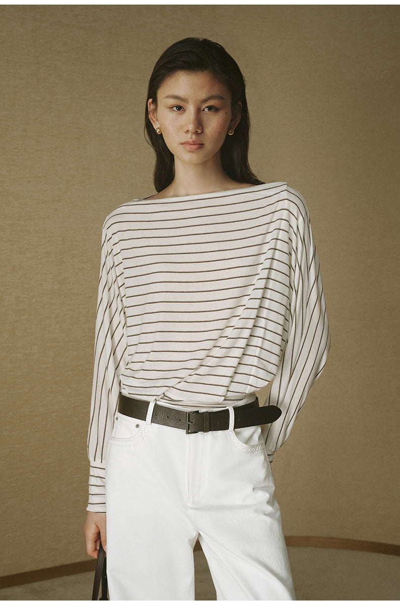 Striped Tencel Wool Relaxed Tee - White Coffee Stripe
