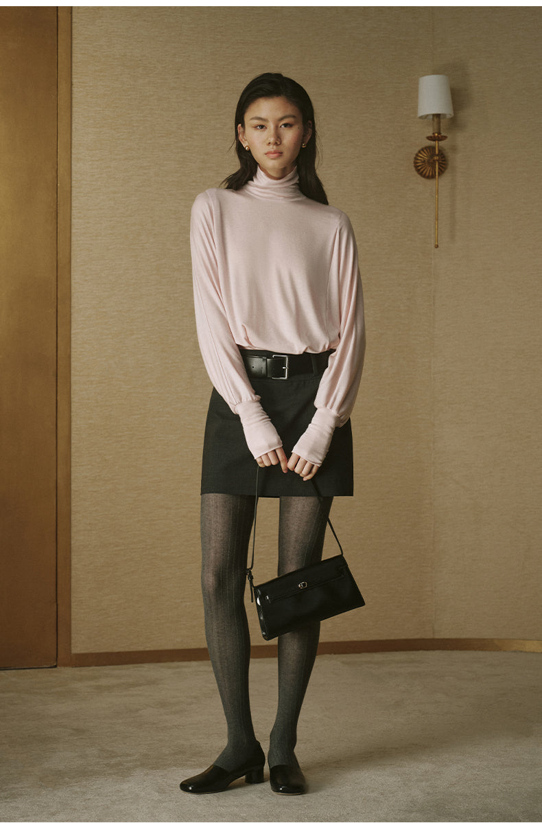 Lyocell Wool Draped Turtleneck - Blush Grey