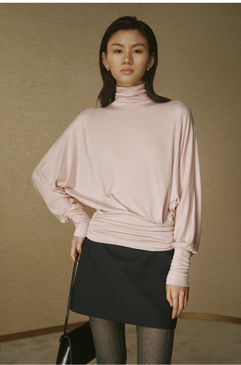 Lyocell Wool Draped Turtleneck - Blush Grey