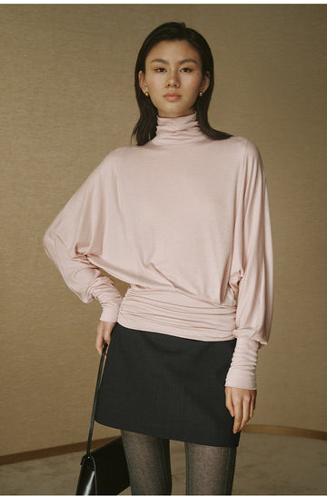 Lyocell Wool Draped Turtleneck - Blush Grey