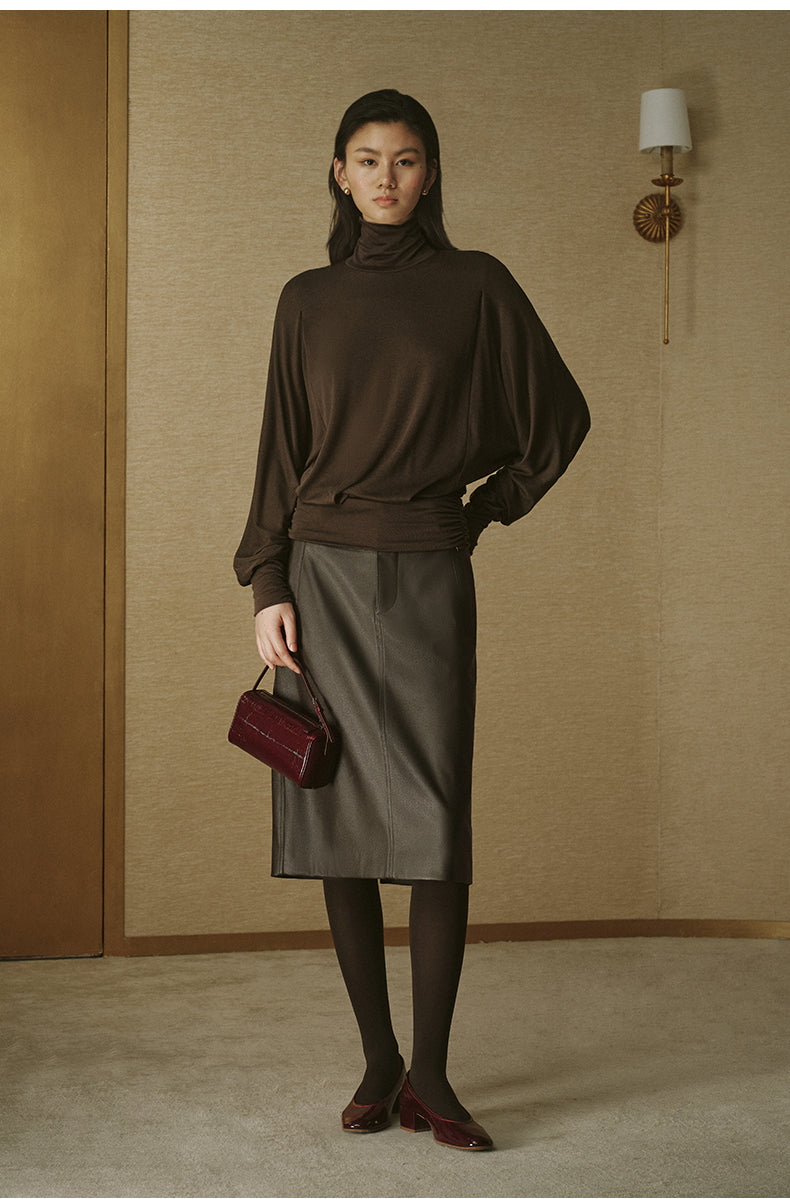 Lyocell Wool Draped Turtleneck - Deep Coffee