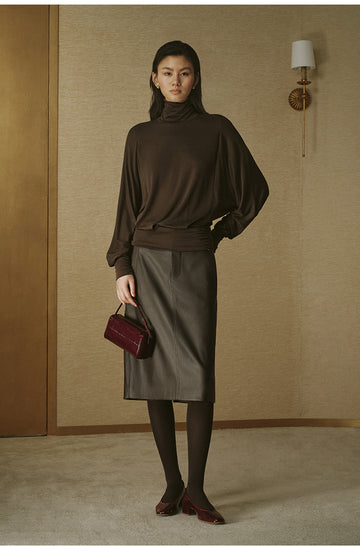 Lyocell Wool Draped Turtleneck - Deep Coffee