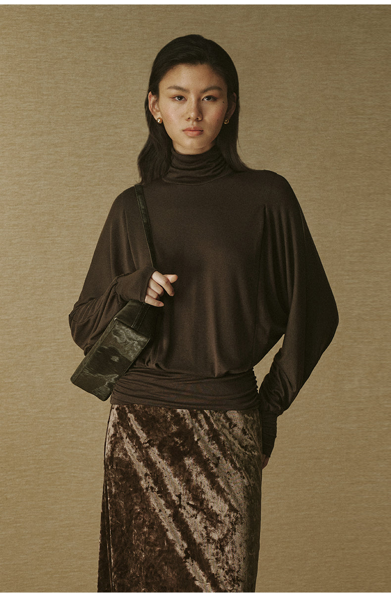 Lyocell Wool Draped Turtleneck - Deep Coffee