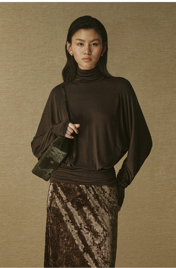 Lyocell Wool Draped Turtleneck - Deep Coffee