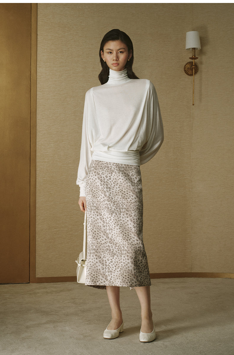 Lyocell Wool Draped Turtleneck - Ivory White
