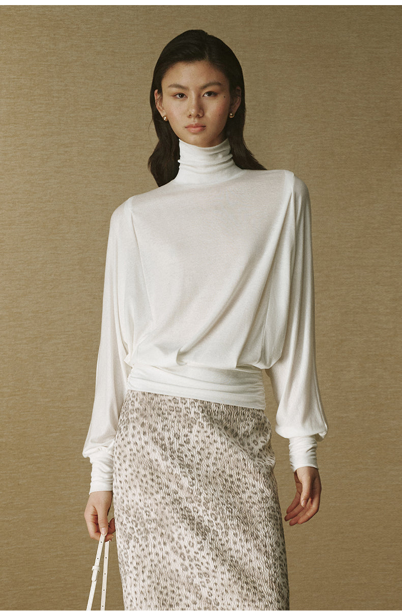 Lyocell Wool Draped Turtleneck - Ivory White
