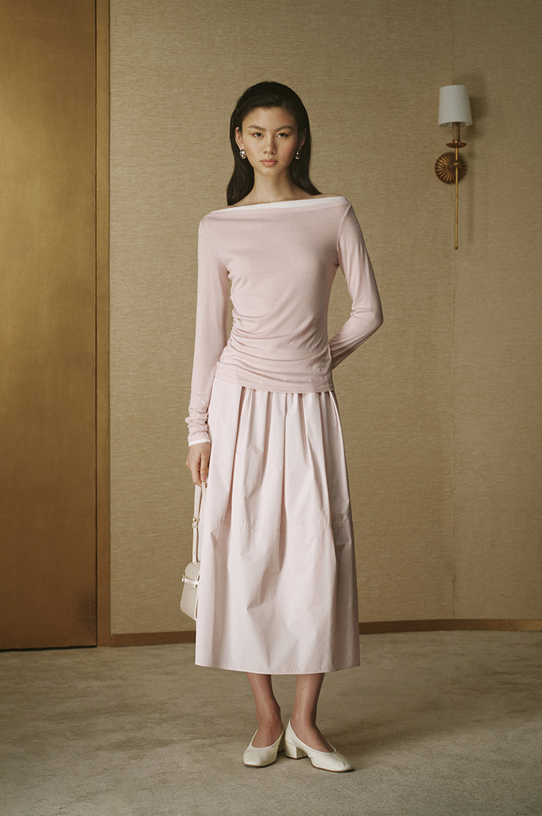 Contrast Boatneck Long Sleeve Pink Grey