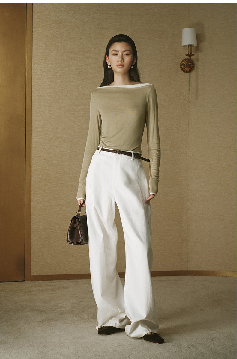 Contrast Boatneck Long Sleeve Grey Bean Green
