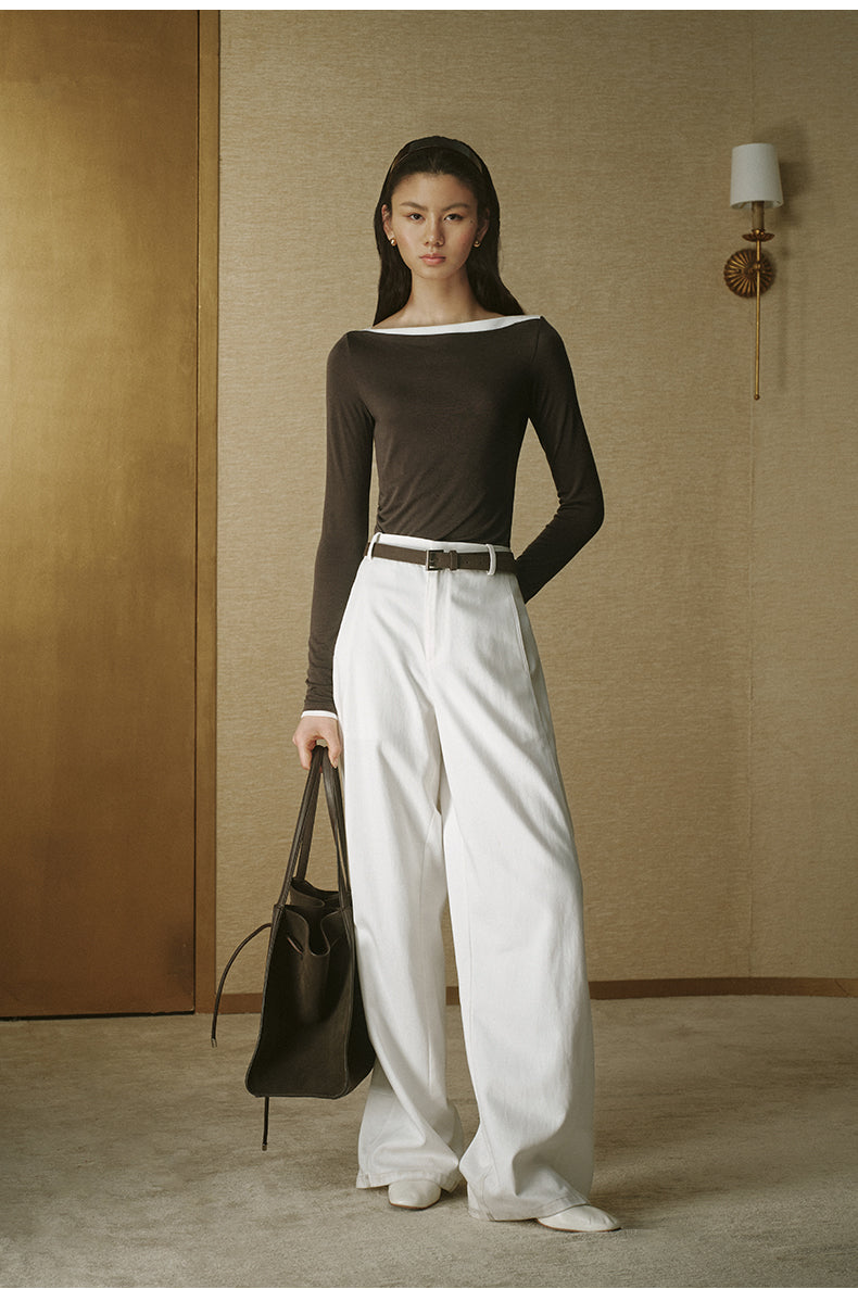 Contrast Boatneck Long Sleeve Deep Coffee