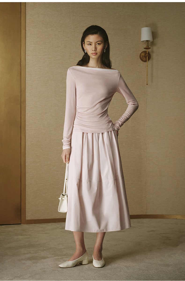 Contrast Boatneck Long Sleeve Pink Grey