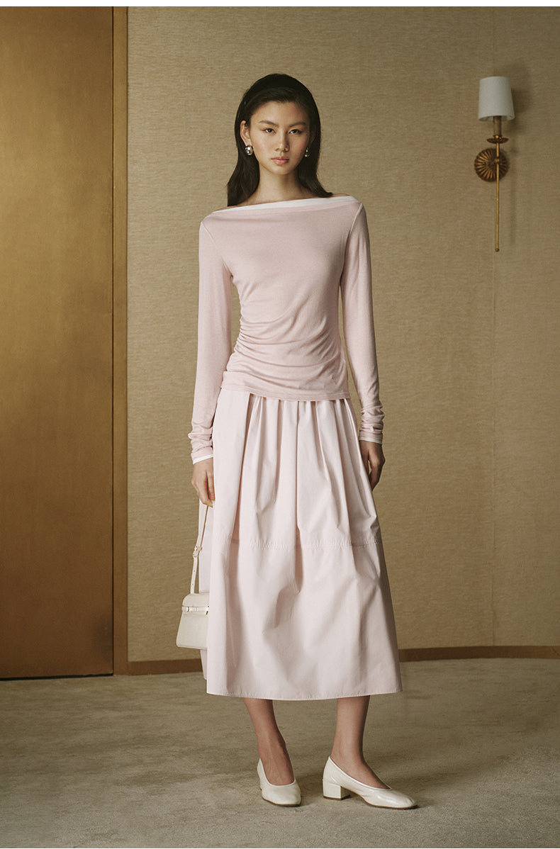 Contrast Boatneck Long Sleeve Pink Grey