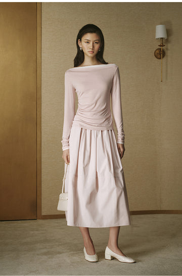 Contrast Boatneck Long Sleeve Pink Grey