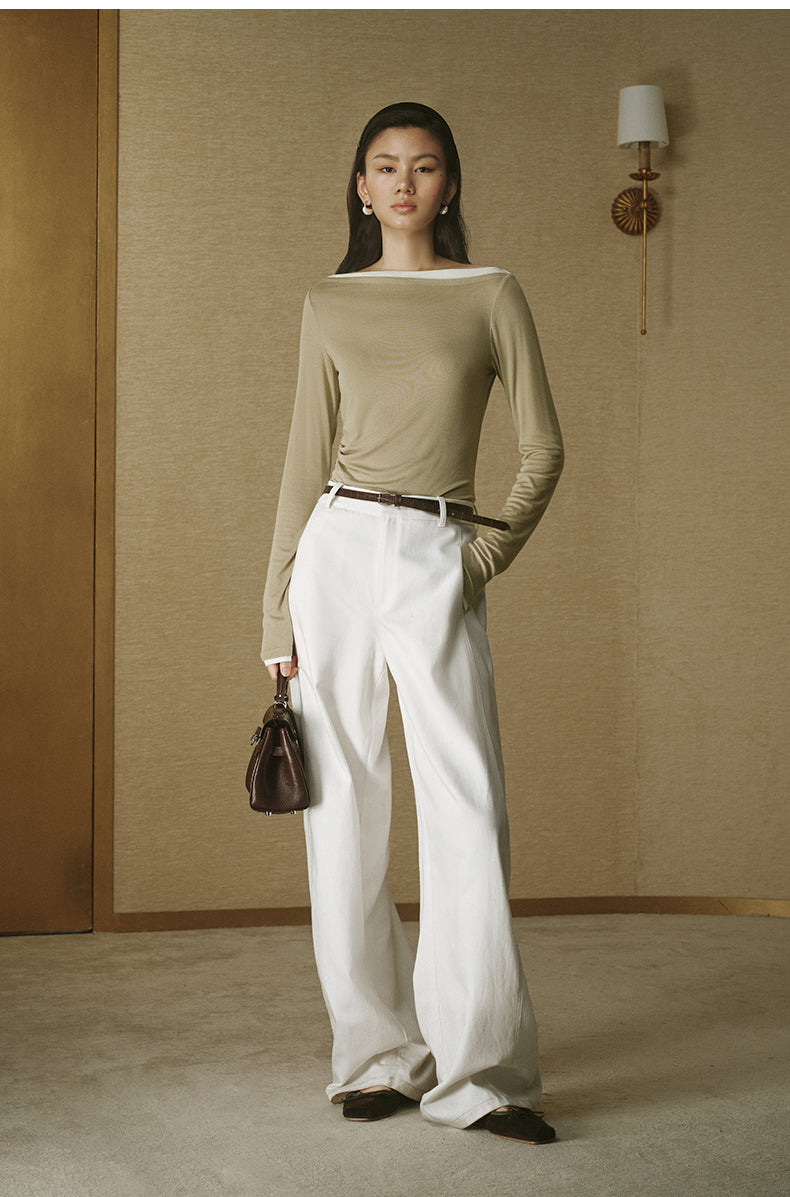 Contrast Boatneck Long Sleeve Grey Bean Green