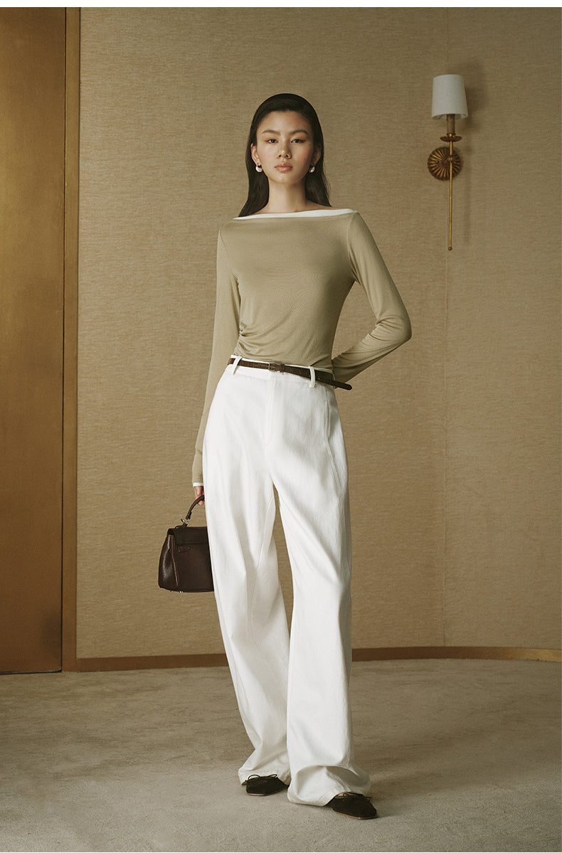 Contrast Boatneck Long Sleeve Grey Bean Green