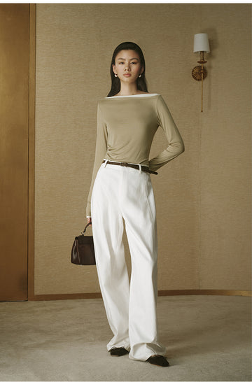 Contrast Boatneck Long Sleeve Grey Bean Green