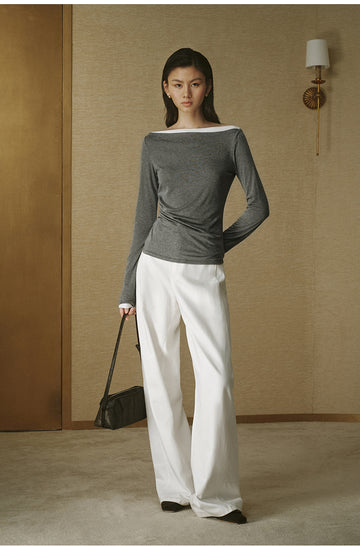 Contrast Boatneck Long Sleeve Mixed Grey