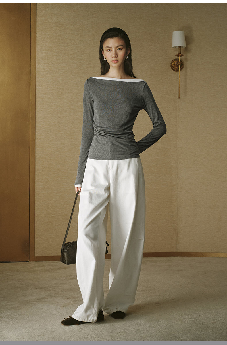 Contrast Boatneck Long Sleeve Mixed Grey