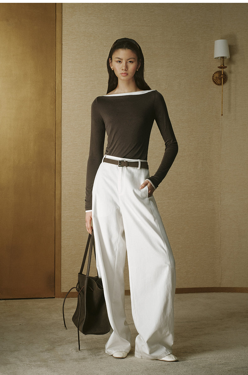 Contrast Boatneck Long Sleeve Deep Coffee