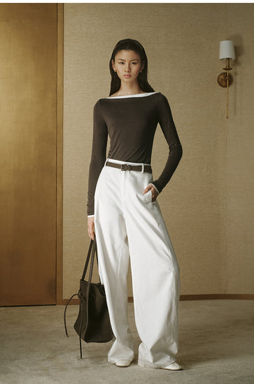 Contrast Boatneck Long Sleeve Deep Coffee