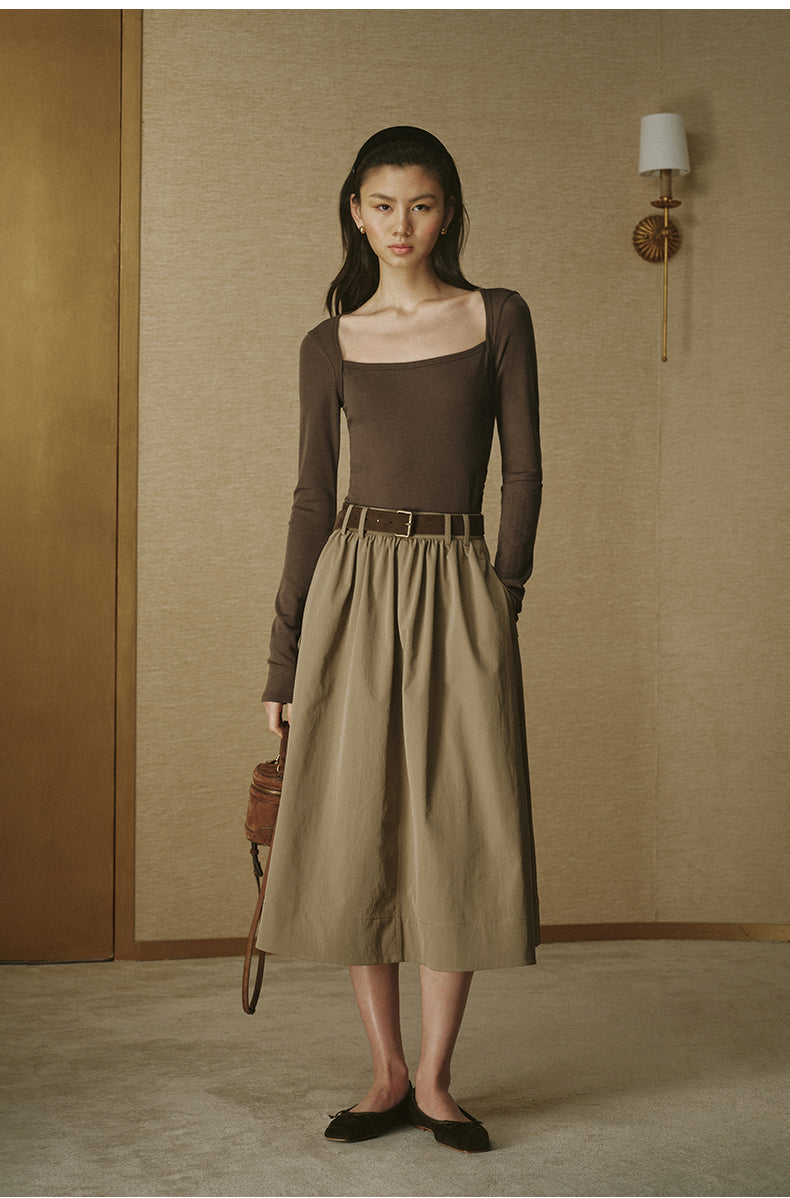 Sculpted Collar Wool Long-Sleeve Tee - Chestnut Brown