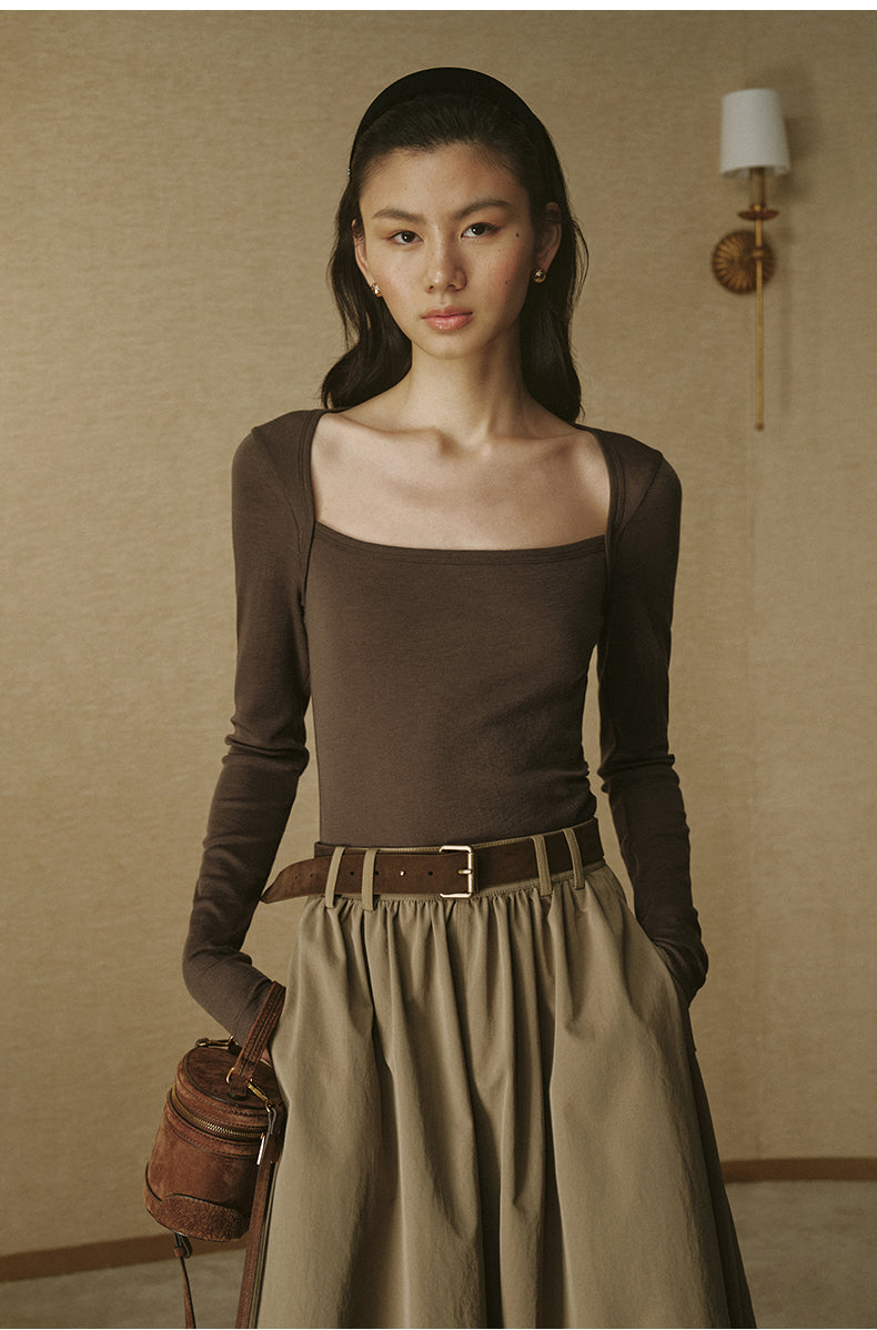 Sculpted Collar Wool Long-Sleeve Tee - Chestnut Brown