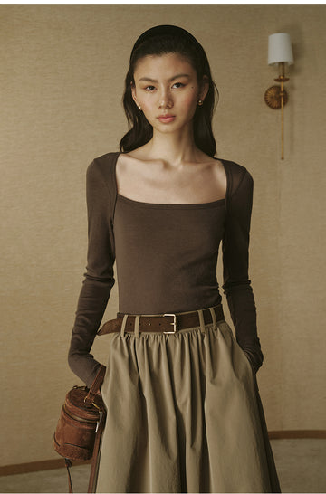 Sculpted Collar Wool Long-Sleeve Tee - Chestnut Brown