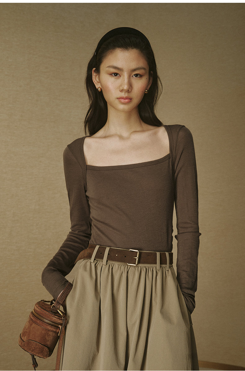 Sculpted Collar Wool Long-Sleeve Tee - Chestnut Brown