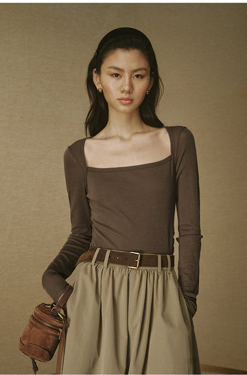 Sculpted Collar Wool Long-Sleeve Tee - Chestnut Brown