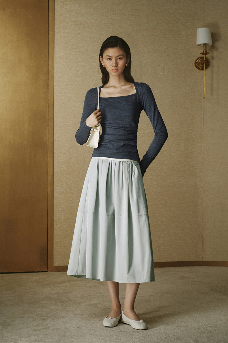 Sculpted Collar Wool Long-Sleeve Tee - Deep Grey Blue