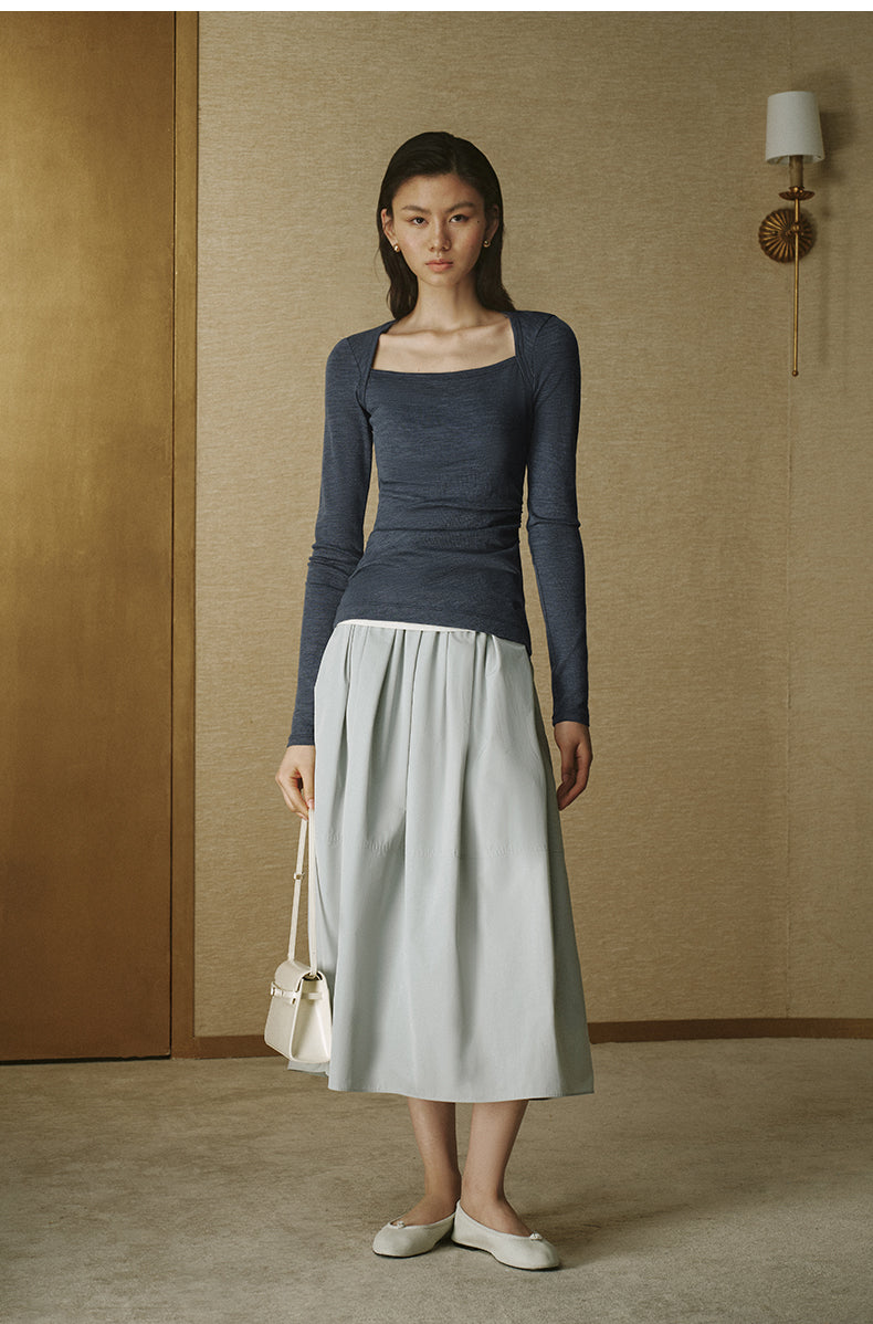 Sculpted Collar Wool Long-Sleeve Tee - Deep Grey Blue