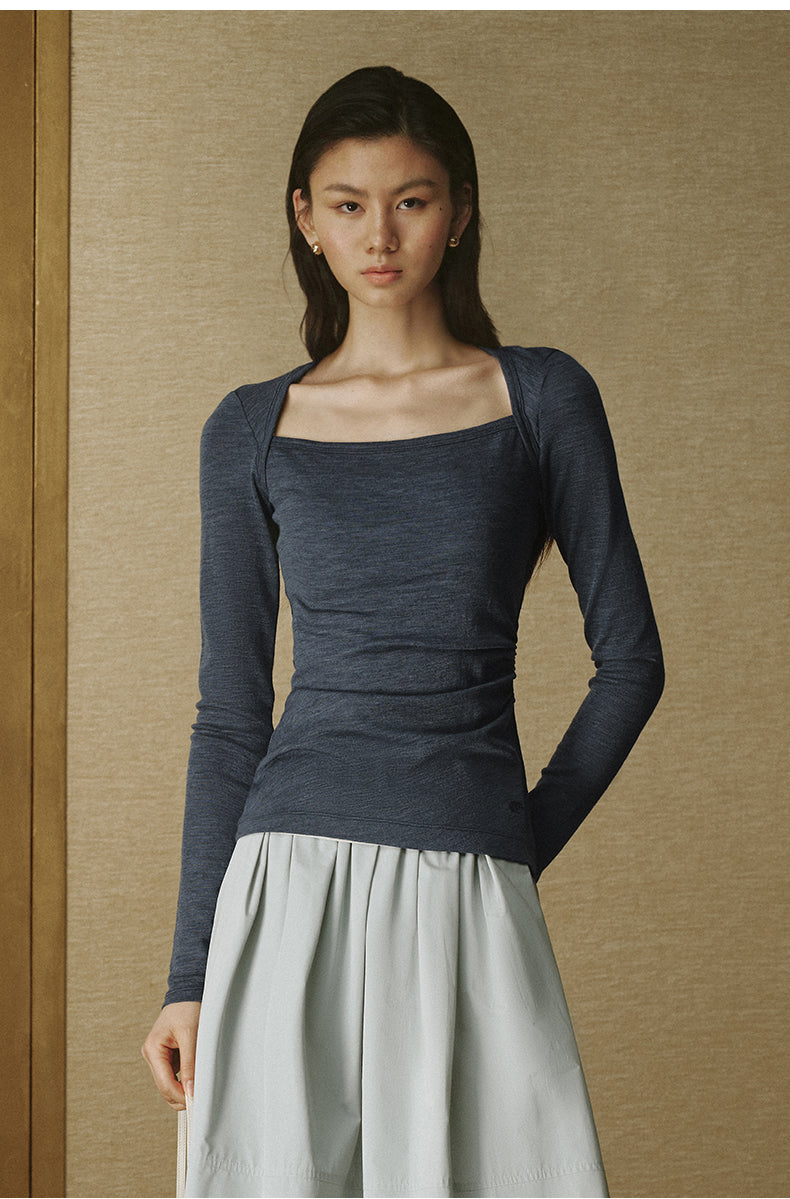 Sculpted Collar Wool Long-Sleeve Tee - Deep Grey Blue