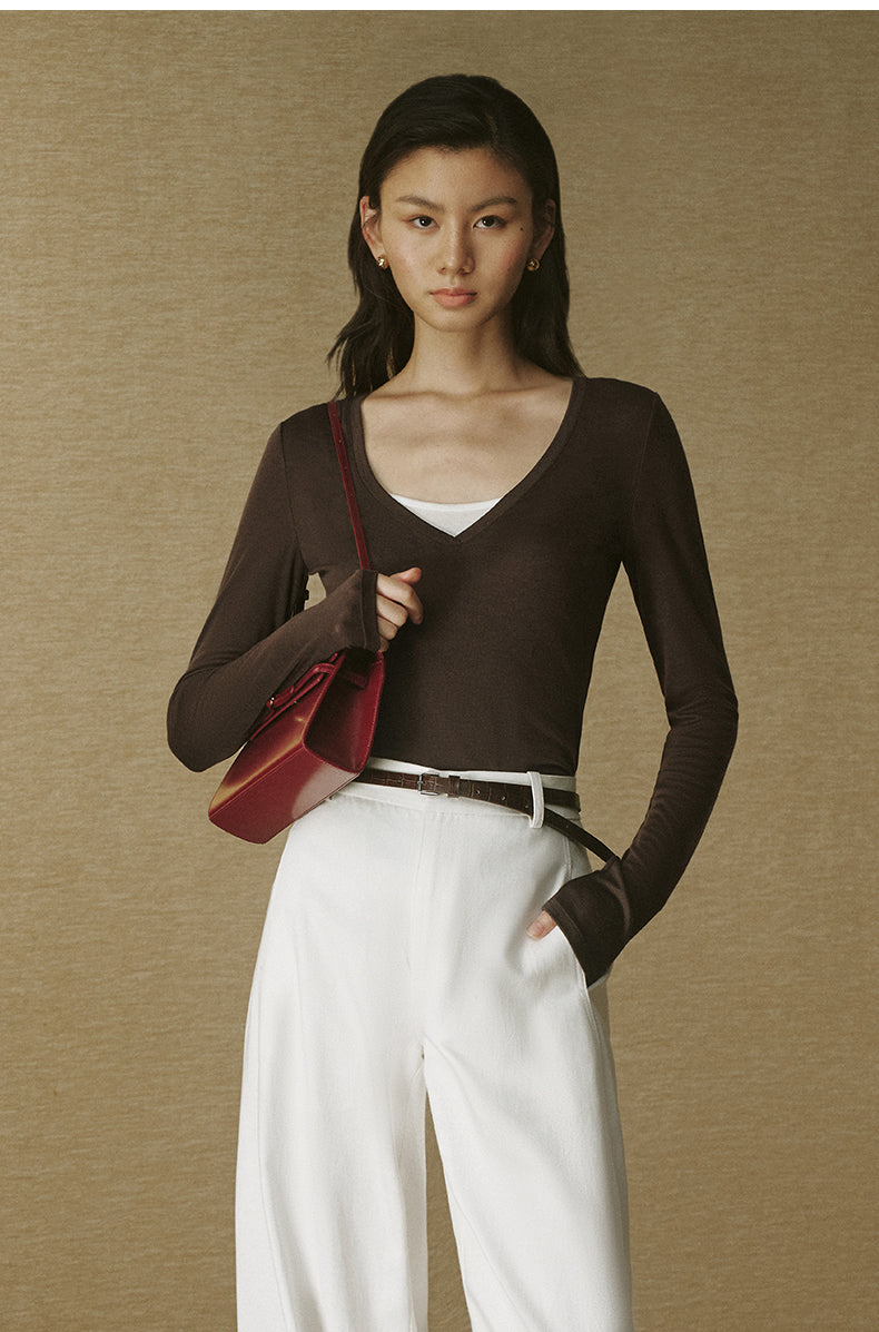 Layered V-Neck T-Shirt - Deep Coffee