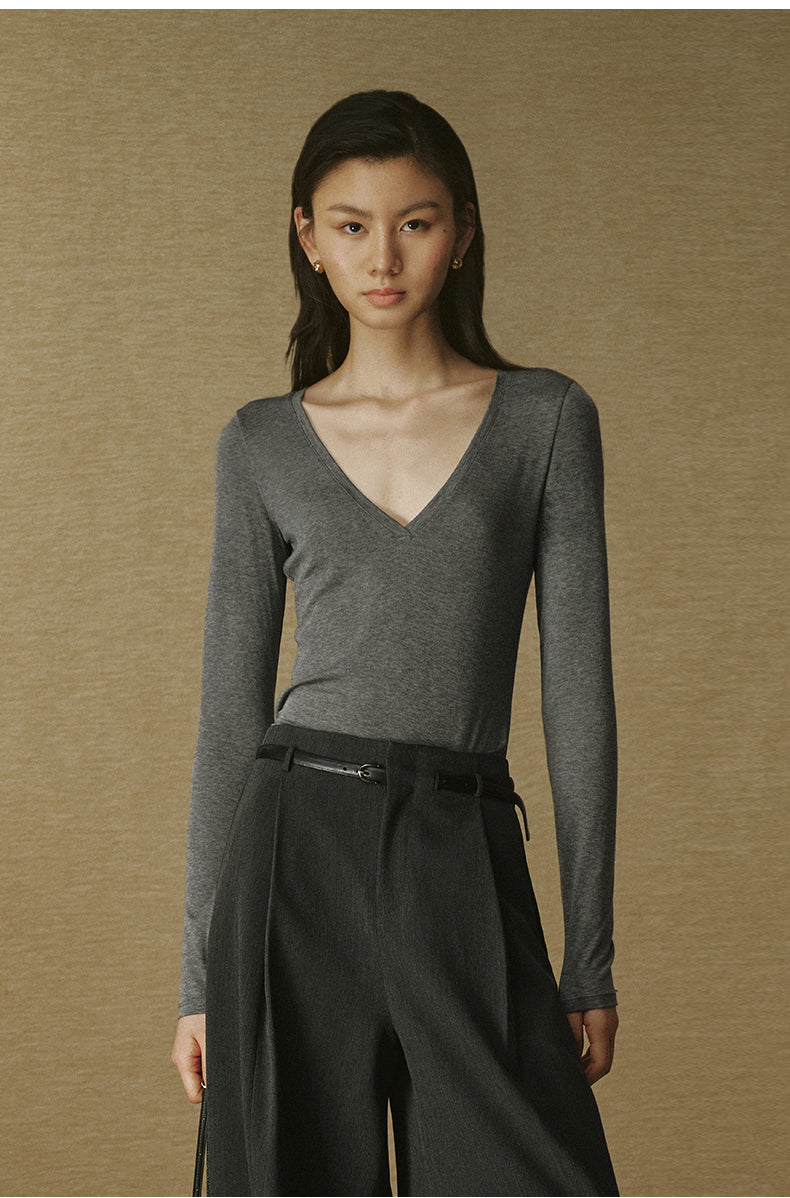 Layered V-Neck T-Shirt - Mixed Grey