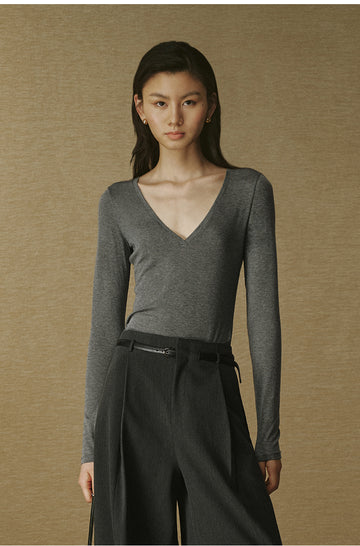 Layered V-Neck T-Shirt - Mixed Grey